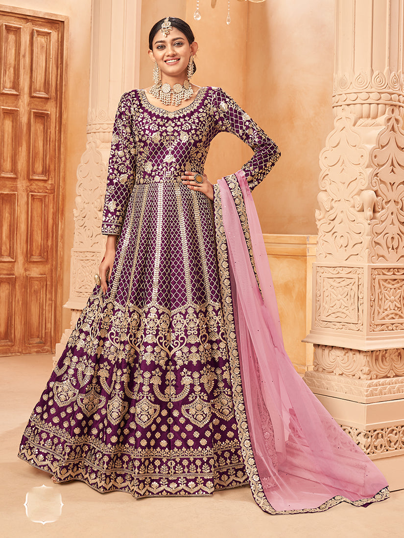 Monjolika Fashion Purple Color Art Silk Embroidered Anarkali Salwar Kameez