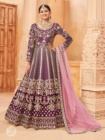 Monjolika Fashion Purple Color Art Silk Embroidered Anarkali Salwar Kameez - Distacart