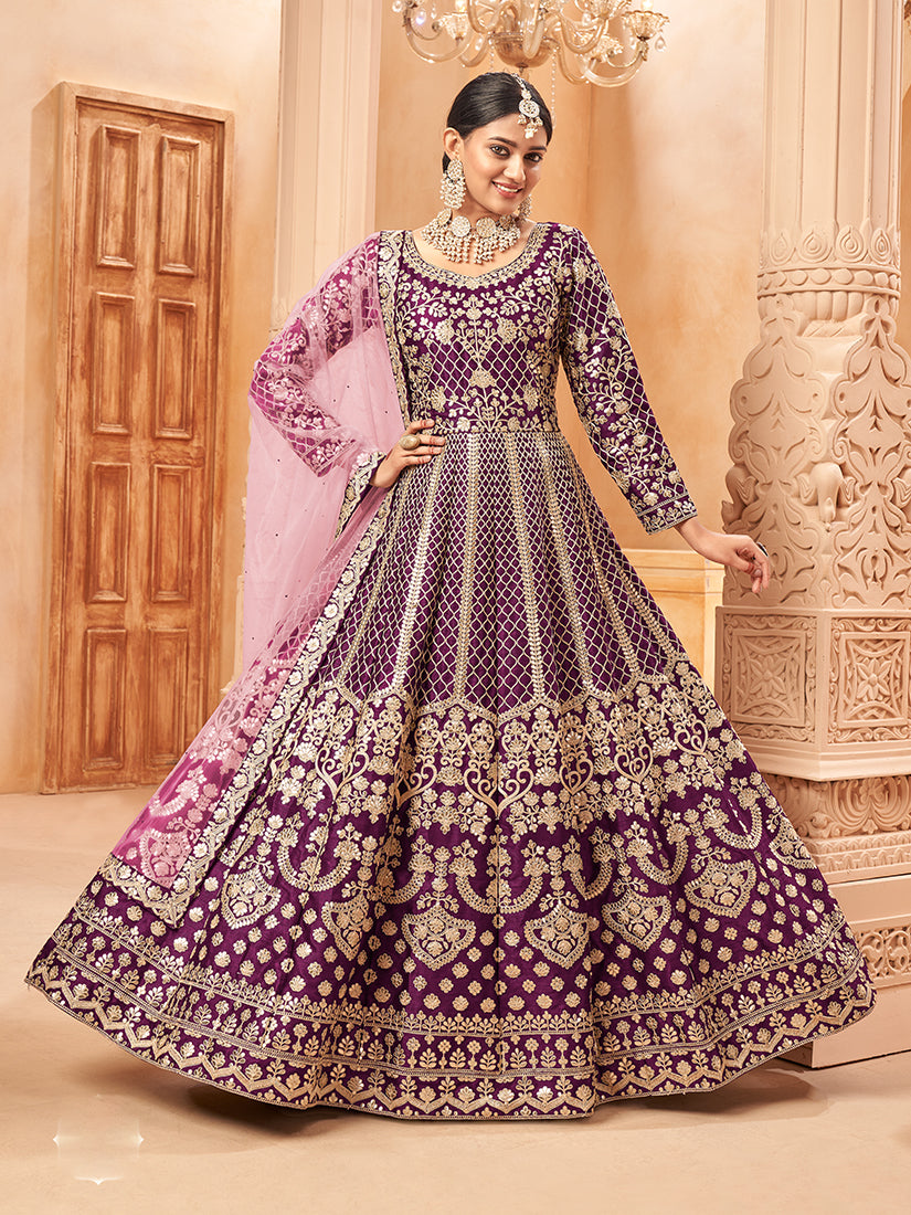 Monjolika Fashion Purple Color Art Silk Embroidered Anarkali Salwar Kameez
