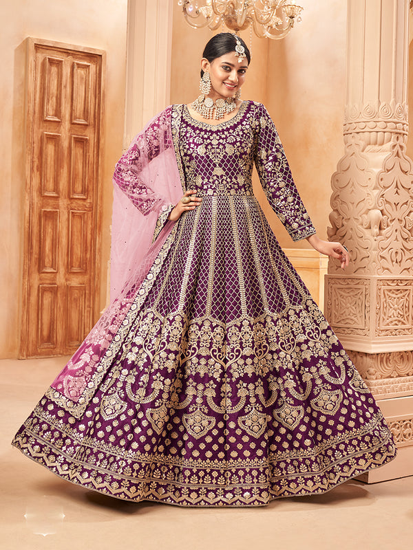 Monjolika Fashion Purple Color Art Silk Embroidered Anarkali Salwar Kameez