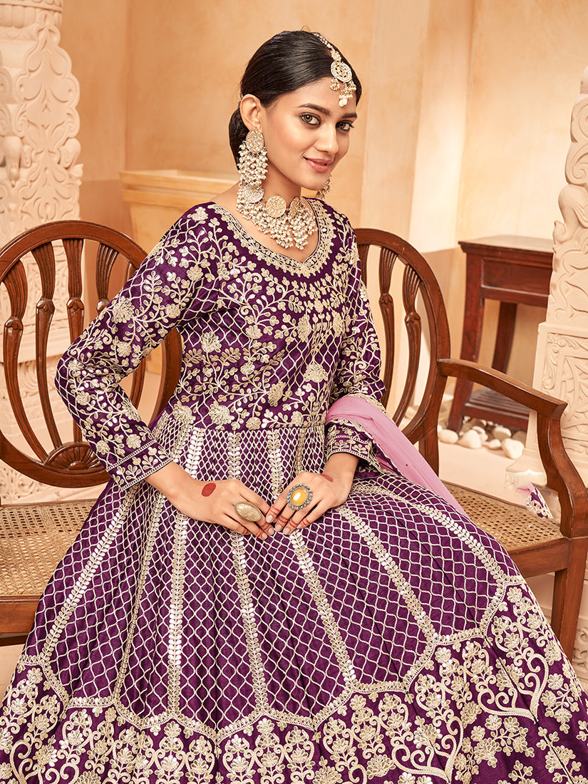 Monjolika Fashion Purple Color Art Silk Embroidered Anarkali Salwar Kameez