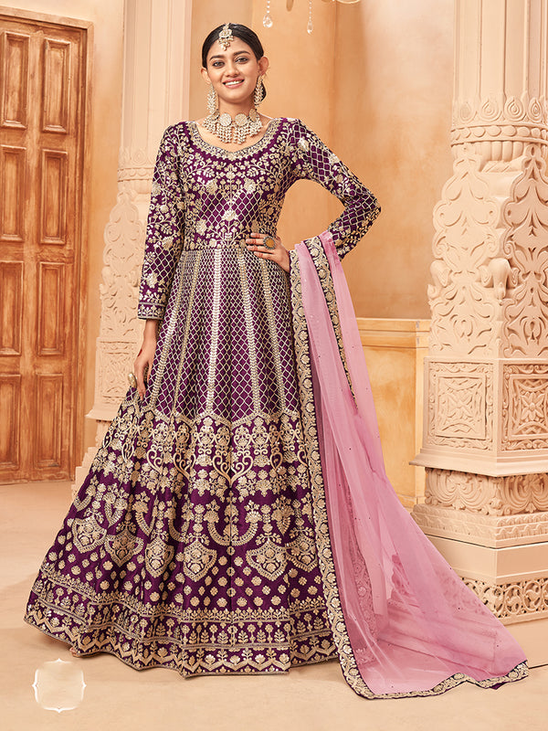 Monjolika Fashion Purple Color Art Silk Embroidered Anarkali Salwar Kameez