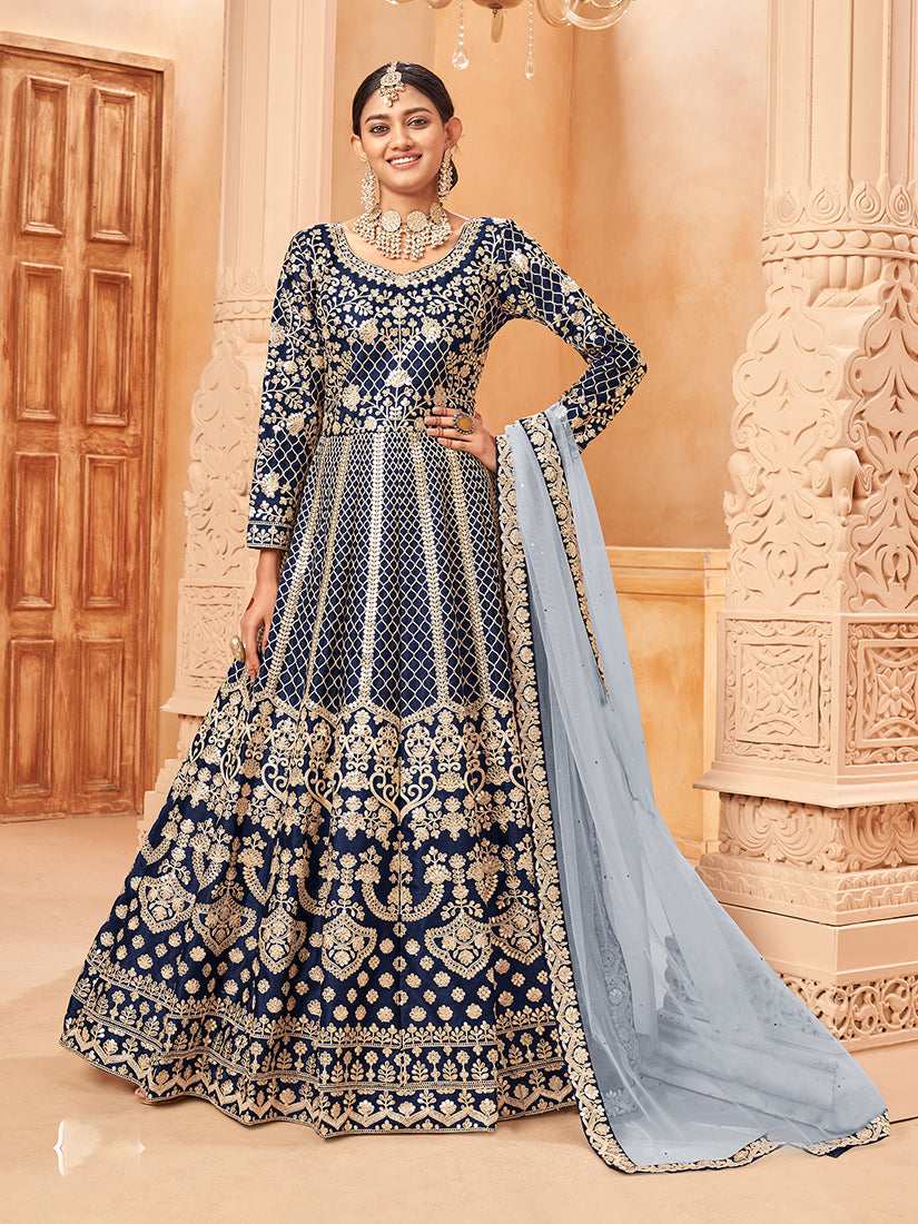 Monjolika Fashion Navy Blue Color Art Silk Embroidered Anarkali Salwar Kameez