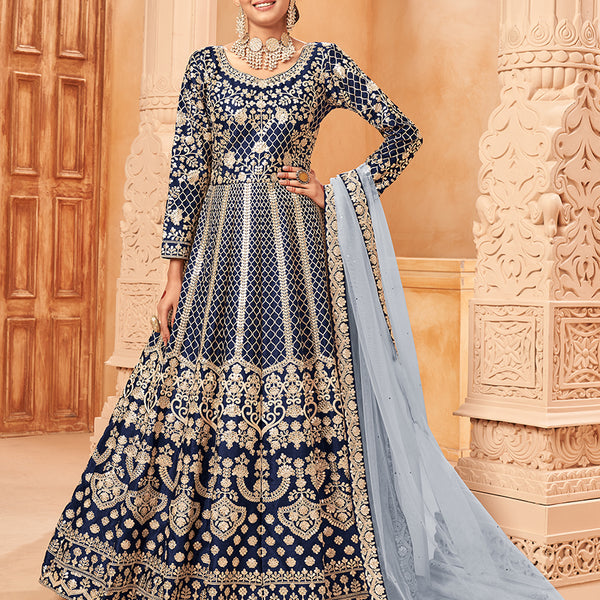 Monjolika Fashion Navy Blue Color Art Silk Embroidered Anarkali Salwar Kameez - Distacart