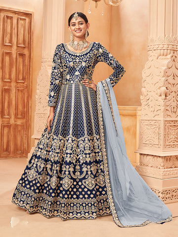 Monjolika Fashion Navy Blue Color Art Silk Embroidered Anarkali Salwar Kameez - Distacart