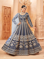 Thumbnail for Monjolika Fashion Navy Blue Color Art Silk Embroidered Anarkali Salwar Kameez