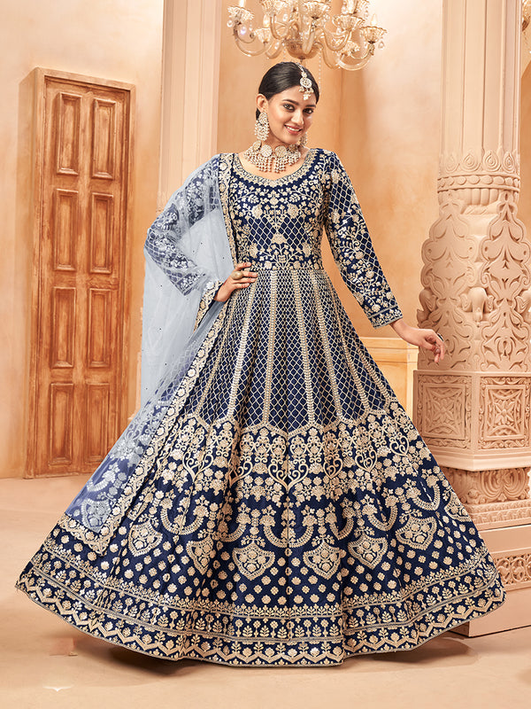 Monjolika Fashion Navy Blue Color Art Silk Embroidered Anarkali Salwar Kameez