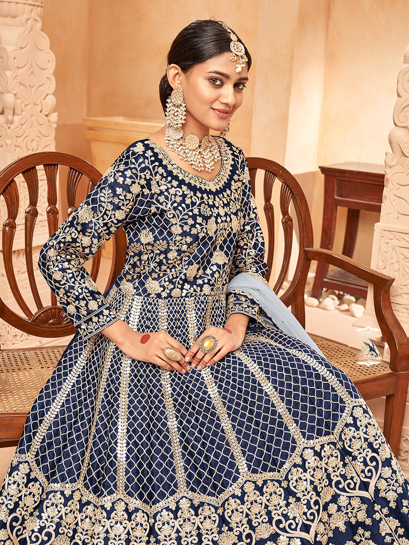 Monjolika Fashion Navy Blue Color Art Silk Embroidered Anarkali Salwar Kameez