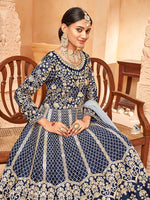 Thumbnail for Monjolika Fashion Navy Blue Color Art Silk Embroidered Anarkali Salwar Kameez