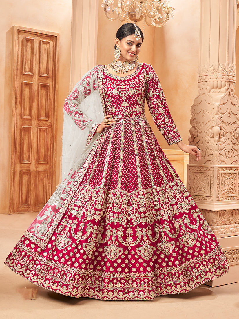 Monjolika Fashion Rani Pink Color Art Silk Embroidered Anarkali Salwar Kameez