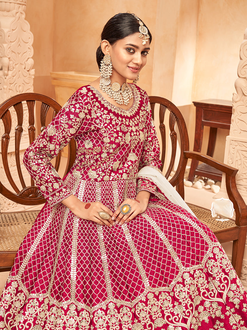 Monjolika Fashion Rani Pink Color Art Silk Embroidered Anarkali Salwar Kameez