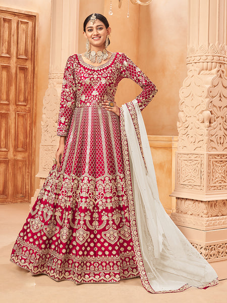 Monjolika Fashion Rani Pink Color Art Silk Embroidered Anarkali Salwar Kameez