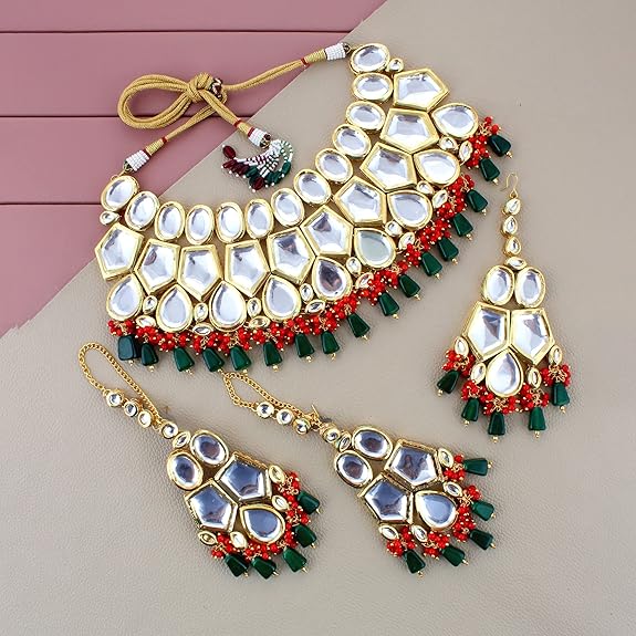 Tehzeeb Creations Back Meenakari Gold-Polished Multicolor Color Tika Earring Jewellery Set Uncut Big Faux Kundan Dibbi Kundan Choker Necklace Set - Distacart