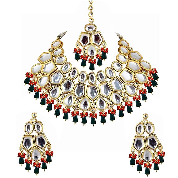 Tehzeeb Creations Back Meenakari Gold-Polished Multicolor Color Tika Earring Jewellery Set Uncut Big Faux Kundan Dibbi Kundan Choker Necklace Set - Distacart