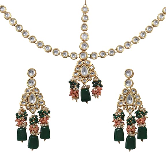 Tehzeeb Creations Gold-Polished Multicolor Kundan Stone/Uncut Kundan/Dibbi Kundan/Meena Kundan/Lucknow Kundan Bridal Set for Girls & Women - Distacart