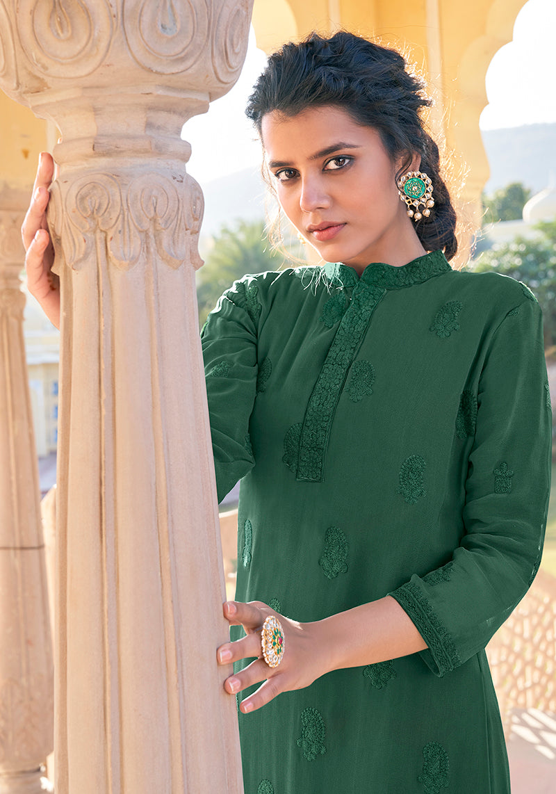 Monjolika Fashion Dark Green Embroidered Muslin Pant Style Suit