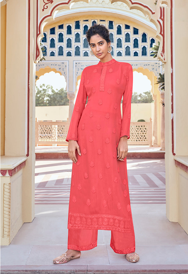 Monjolika Fashion Dark Peach Embroidered Muslin Pant Style Suit