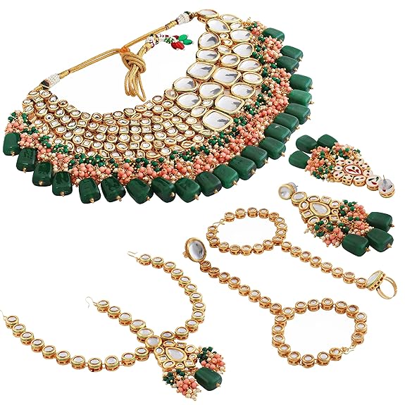 Tehzeeb Creations Gold-Polished Multicolor Kundan Stone/Uncut Kundan/Dibbi Kundan/Meena Kundan/Lucknow Kundan Bridal Set for Girls & Women - Distacart