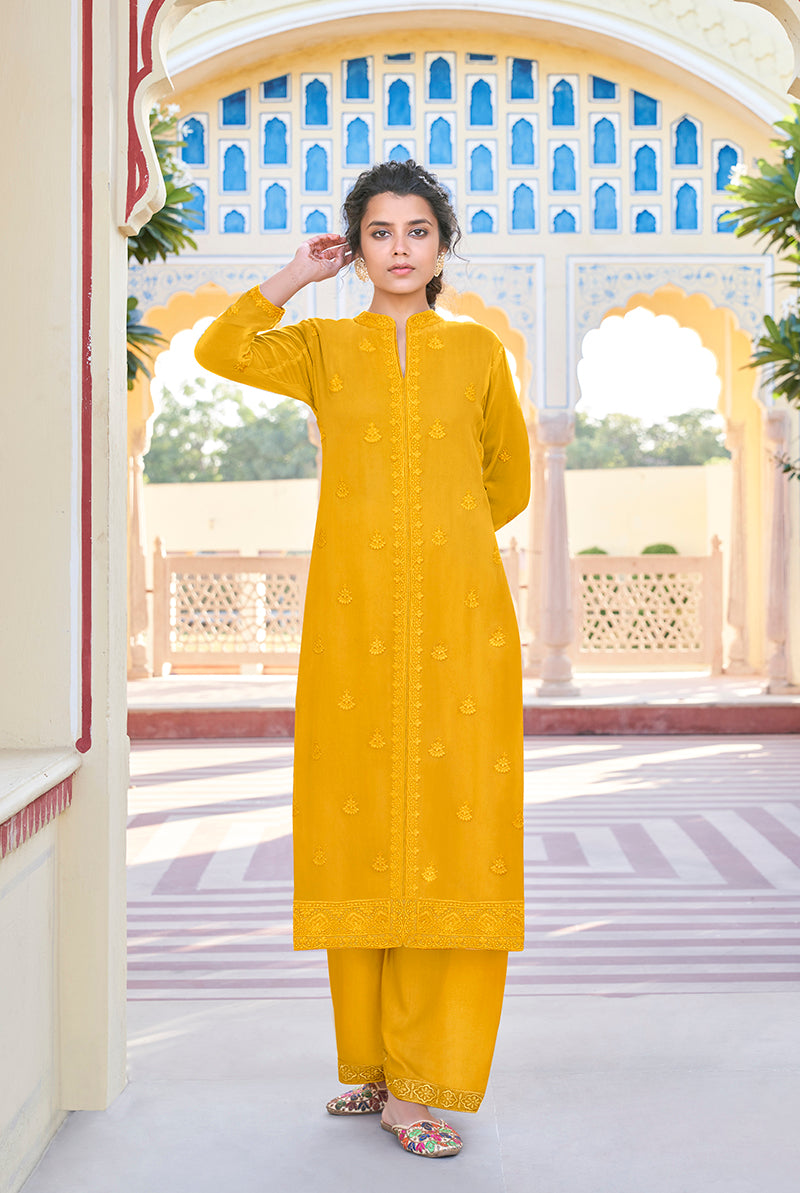 Monjolika Fashion Mustard Embroidered Muslin Pant Style Suit