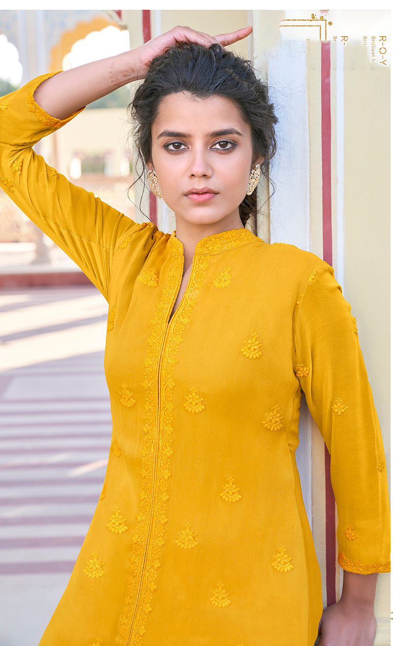 Monjolika Fashion Mustard Embroidered Muslin Pant Style Suit