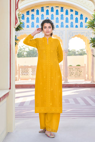 Monjolika Fashion Mustard Embroidered Muslin Pant Style Suit