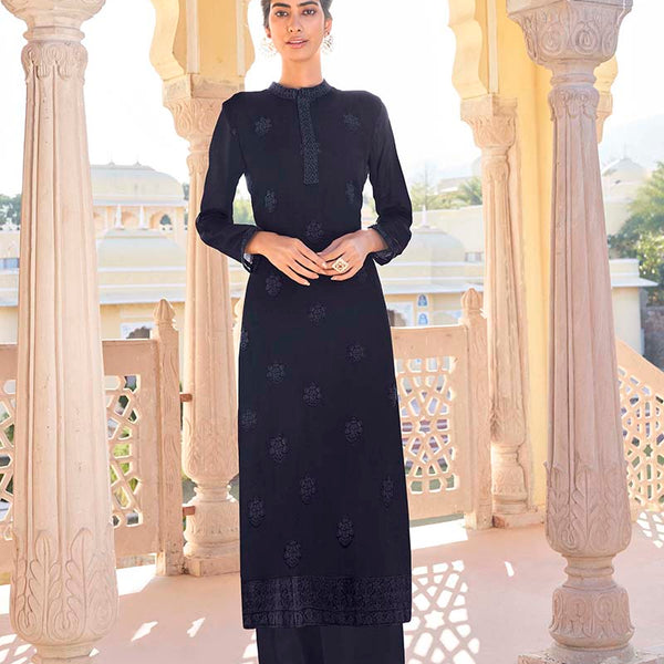 Monjolika Fashion Navy Blue Embroidered Muslin Pant Style Suit