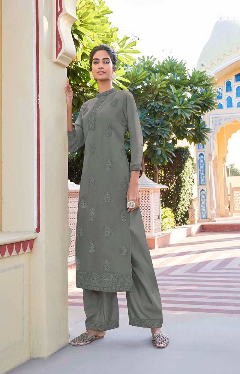 Monjolika Fashion Grey Embroidered Muslin Pant Style Suit