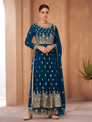 Monjolika Fashion Blue Color Georgette Sequins Work Palazzo Salwar Suit