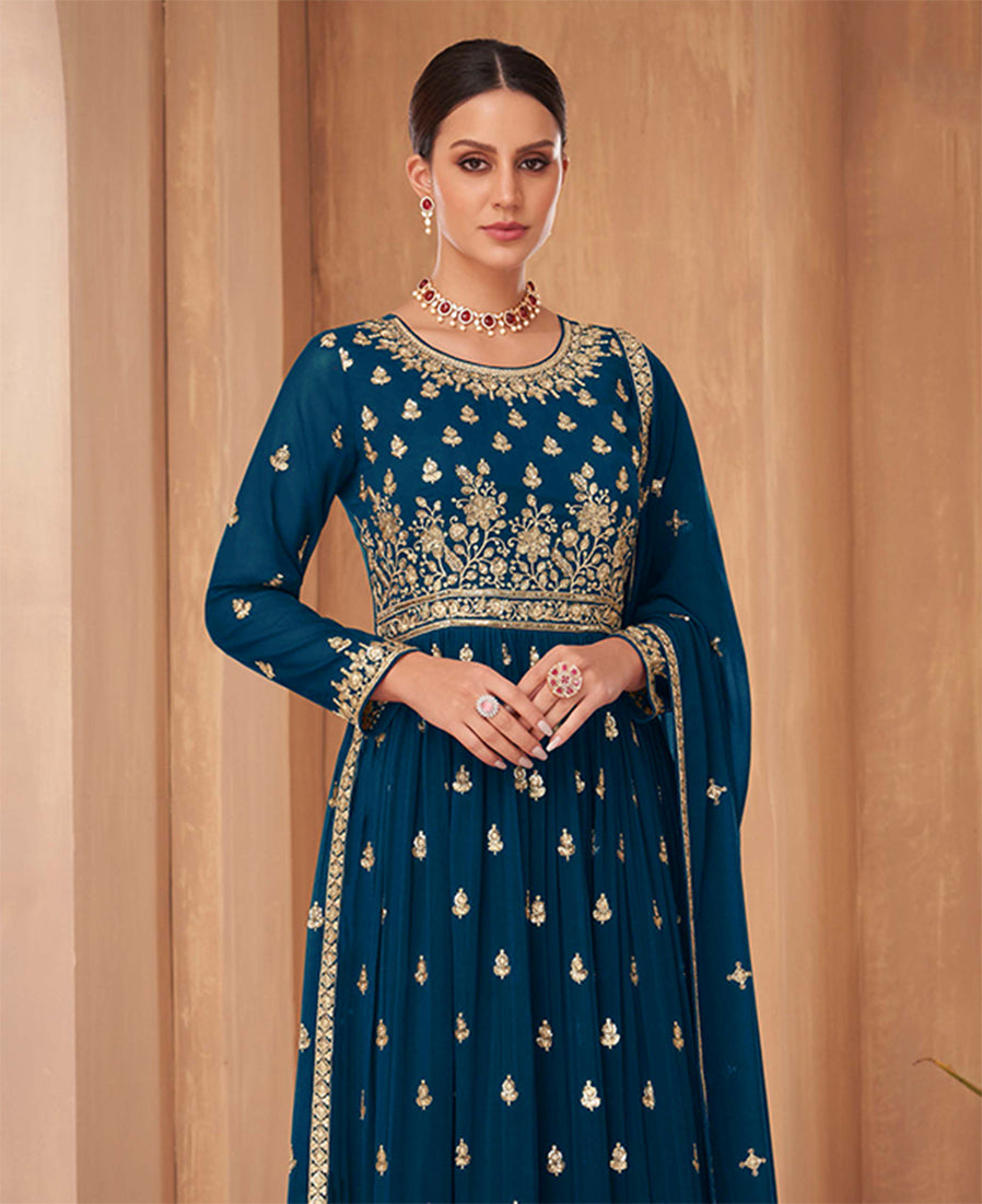 Monjolika Fashion Blue Color Georgette Sequins Work Palazzo Salwar Suit