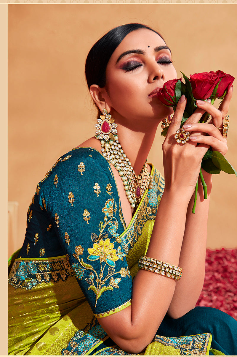 Monjolika Fashion Light Green And Teal Color Heavy Silk Embroidered Half Nd Half Saree