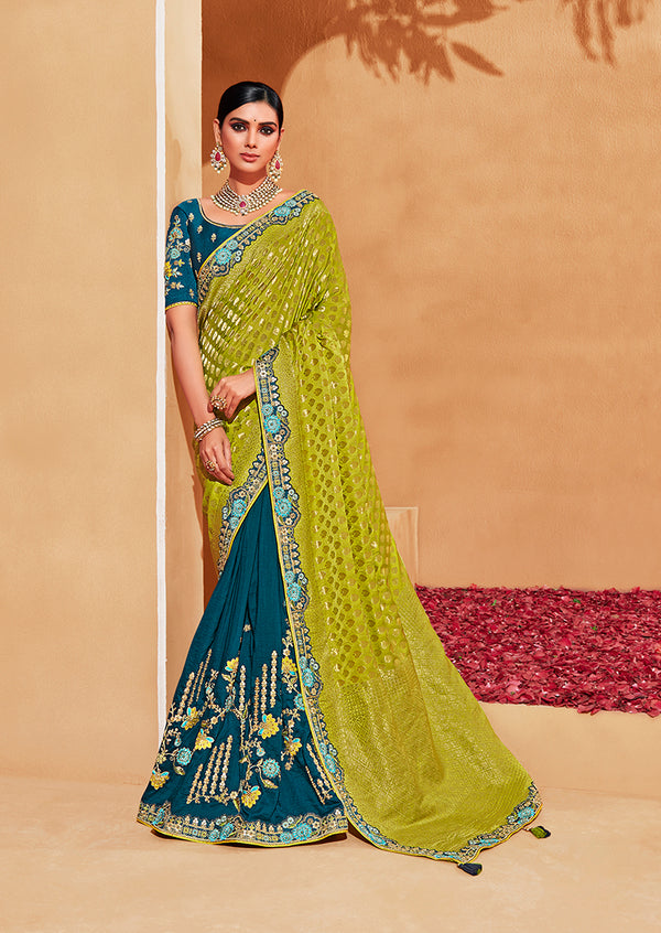 Monjolika Fashion Light Green And Teal Color Heavy Silk Embroidered Half Nd Half Saree
