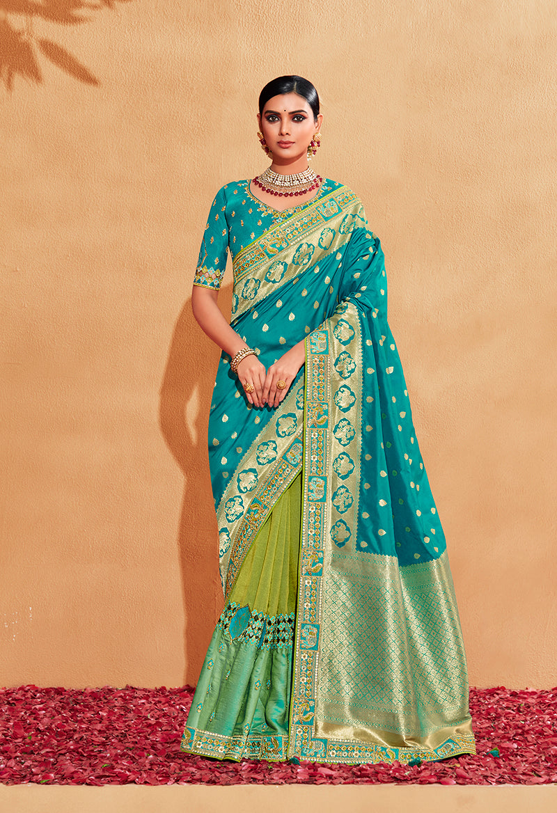 Monjolika Fashion Turquoise Color Heavy Silk Embroidered Half Nd Half Saree - Distacart