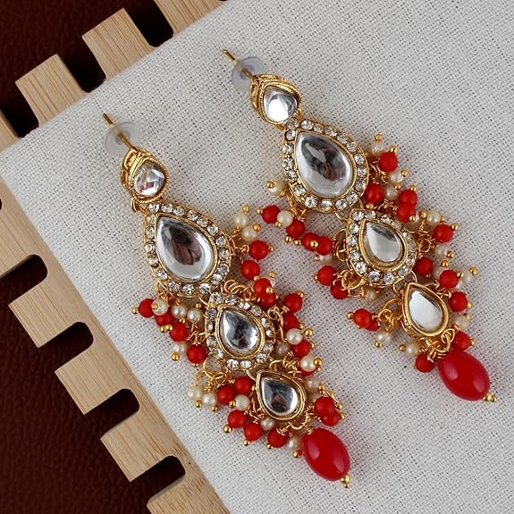 Tehzeeb Creations Gold-Polished White Red Color Tika Earring Necklace Combo Kundan Jewellery Set - Distacart
