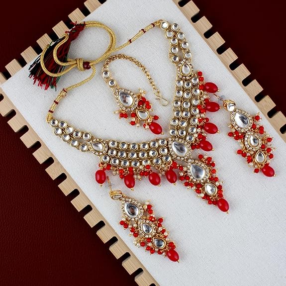 Tehzeeb Creations Gold-Polished White Red Color Tika Earring Necklace Combo Kundan Jewellery Set - Distacart