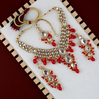 Tehzeeb Creations Gold-Polished White Red Color Tika Earring Necklace Combo Kundan Jewellery Set - Distacart