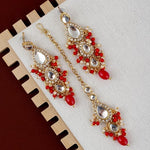 Thumbnail for Tehzeeb Creations Gold-Polished White Red Color Tika Earring Necklace Combo Kundan Jewellery Set - Distacart