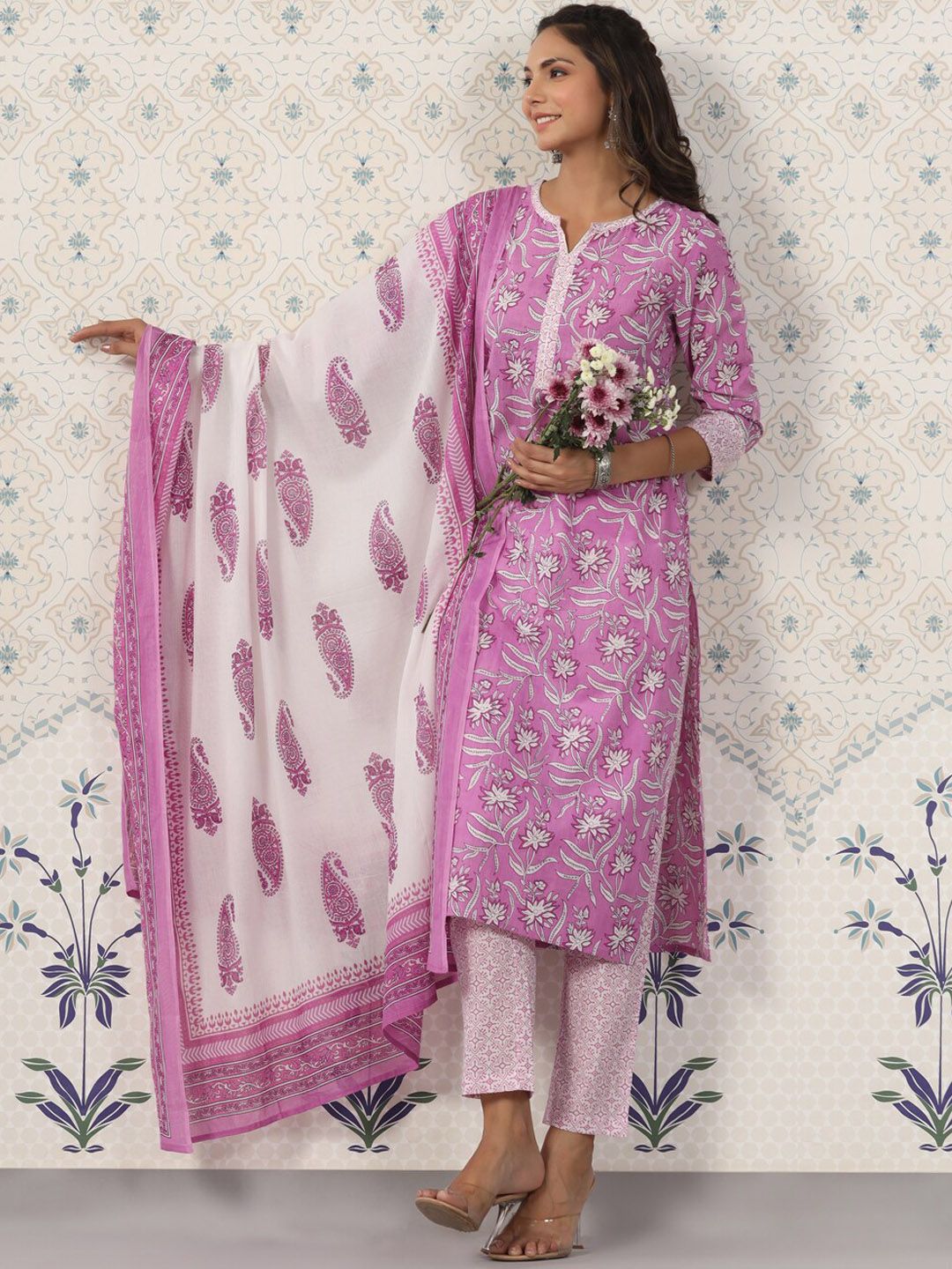 Ode by House of Pataudi Printed Notched Neck Pure Cotton Kurta With Trousers & Dupatta - Distacart