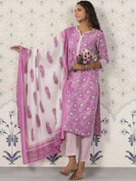 Thumbnail for Ode by House of Pataudi Printed Notched Neck Pure Cotton Kurta With Trousers & Dupatta - Distacart
