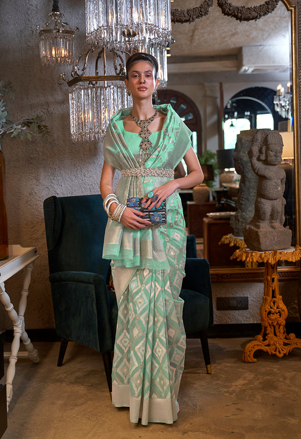 Monjolika Fashion Light Blue Color Linen Trendy Saree With Blouse