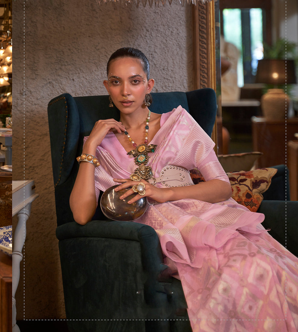 Monjolika Fashion Light Pink Color Linen Trendy Saree With Blouse