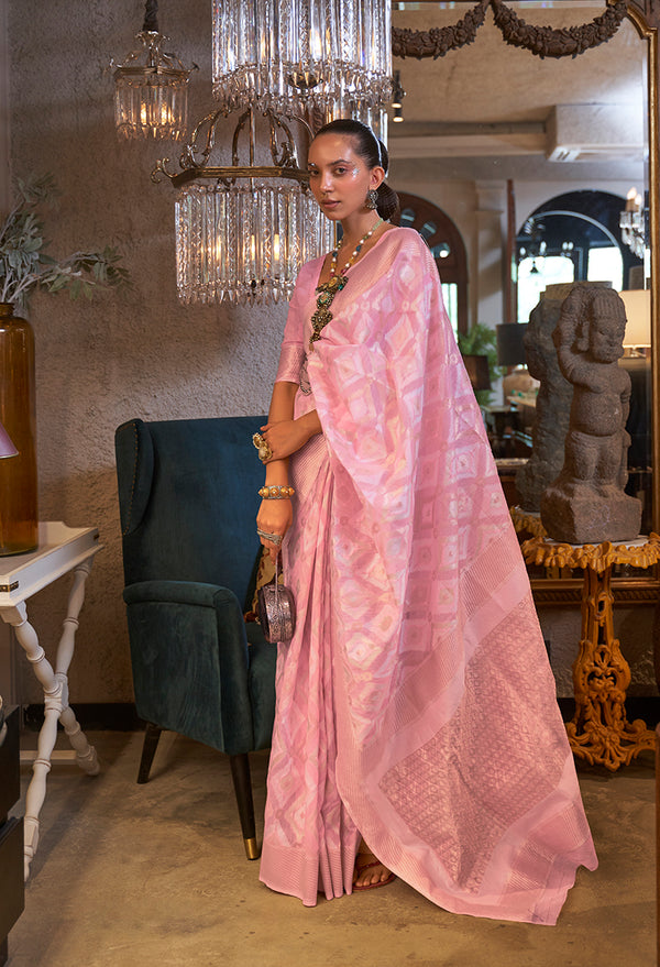 Monjolika Fashion Light Pink Color Linen Trendy Saree With Blouse