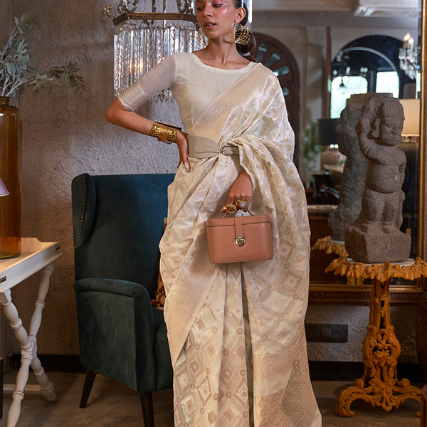 Monjolika Fashion Off White Color Linen Trendy Saree With Blouse - Distacart