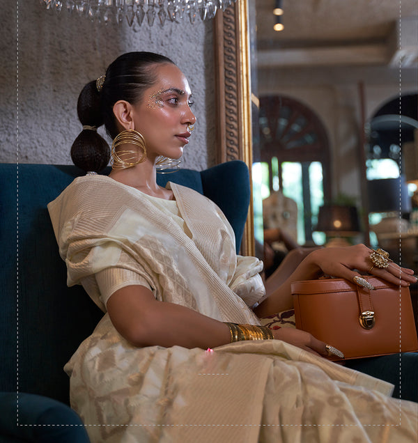 Monjolika Fashion Off White Color Linen Trendy Saree With Blouse