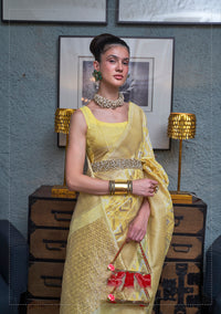 Thumbnail for Monjolika Fashion Light Yellow Color Linen Trendy Saree With Blouse