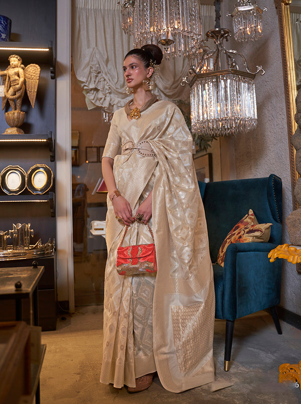 Monjolika Fashion Cream Color Linen Trendy Saree With Blouse