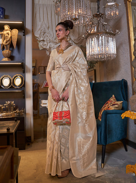 Monjolika Fashion Cream Color Linen Trendy Saree With Blouse