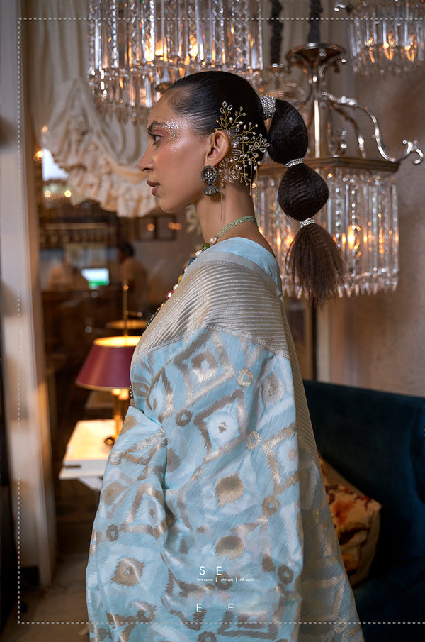 Monjolika Fashion Sky Blue Color Linen Trendy Saree With Blouse