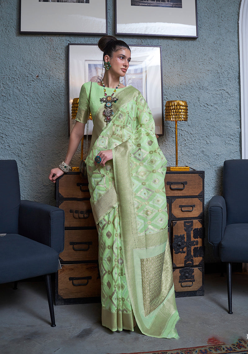 Monjolika Fashion Light Green Color Linen Trendy Saree With Blouse
