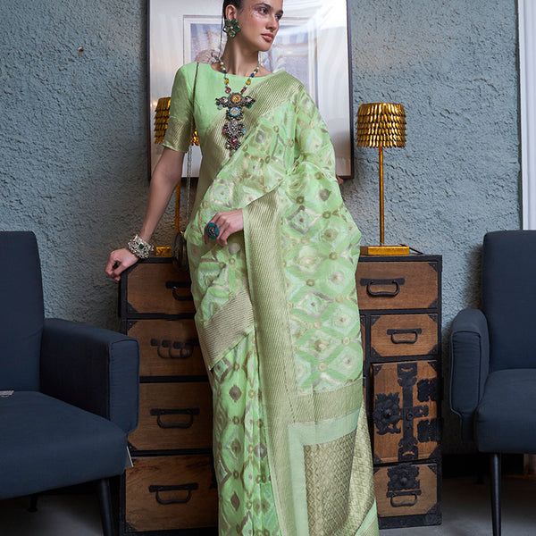 Monjolika Fashion Light Green Color Linen Trendy Saree With Blouse - Distacart