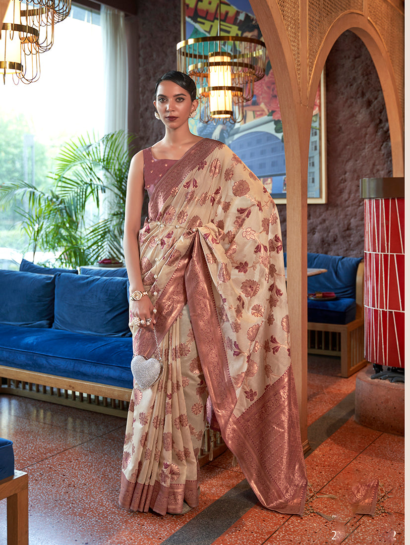Monjolika Fashion Blush Pink Color Organza Weaving Print Saree